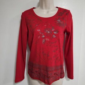 Northern Reflections Size Petite Small Red Paisley Long Sleeve T-shirt Top NEW